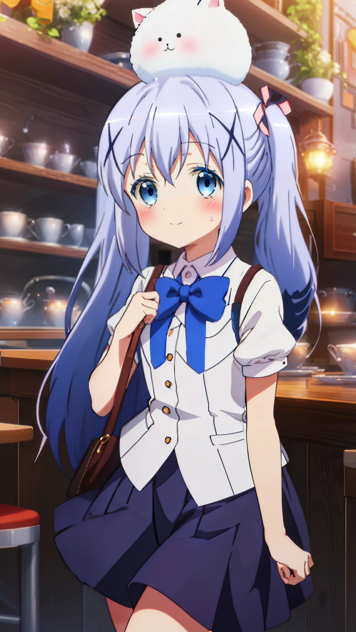 Chino Kafuu,Short-sleeved uniform,Navy Blue Skirt,White socks,Good looking girl (blush, Perfect Face), independent , Looking at the camera, masterpiece, evening,evening,Orange sky,Anime art style, Cute Characters, Most detailed, high quality、Nico Nico Smile、There are highlights in the eyes、The whole body is visible,long blue hair,blue eye