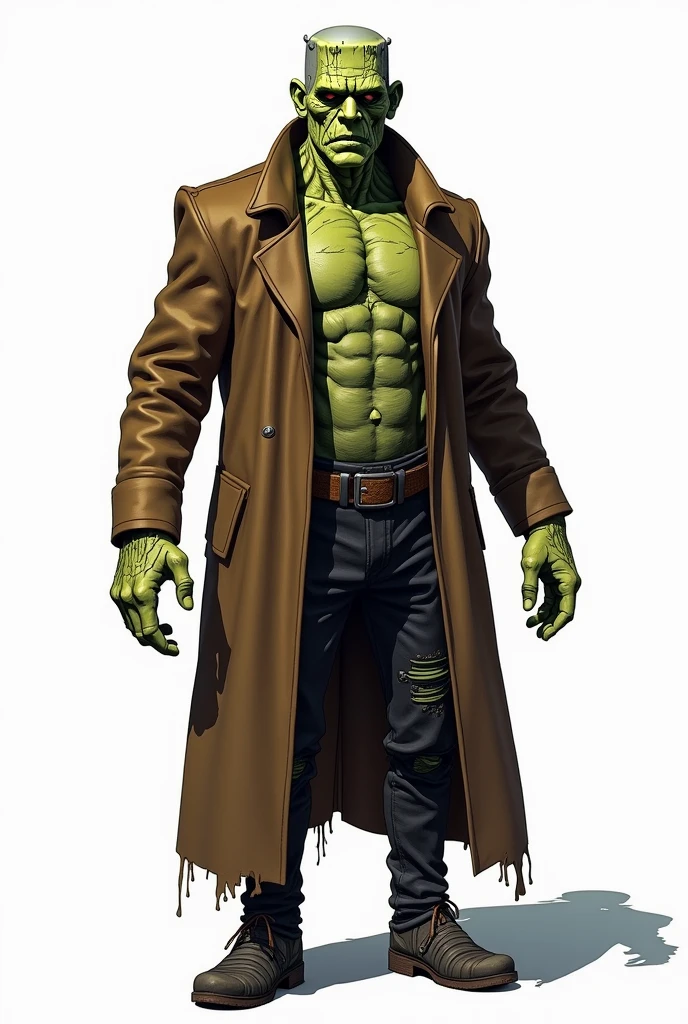 drawning, bright coloured, Frankenstein's monster, stark, Furiosa, baldie, Square head, wrinkled greenish gray skin, wearing a torn brown overcoat, ripped black pants, booties, suture marks on forehead and arms, white background, fully body