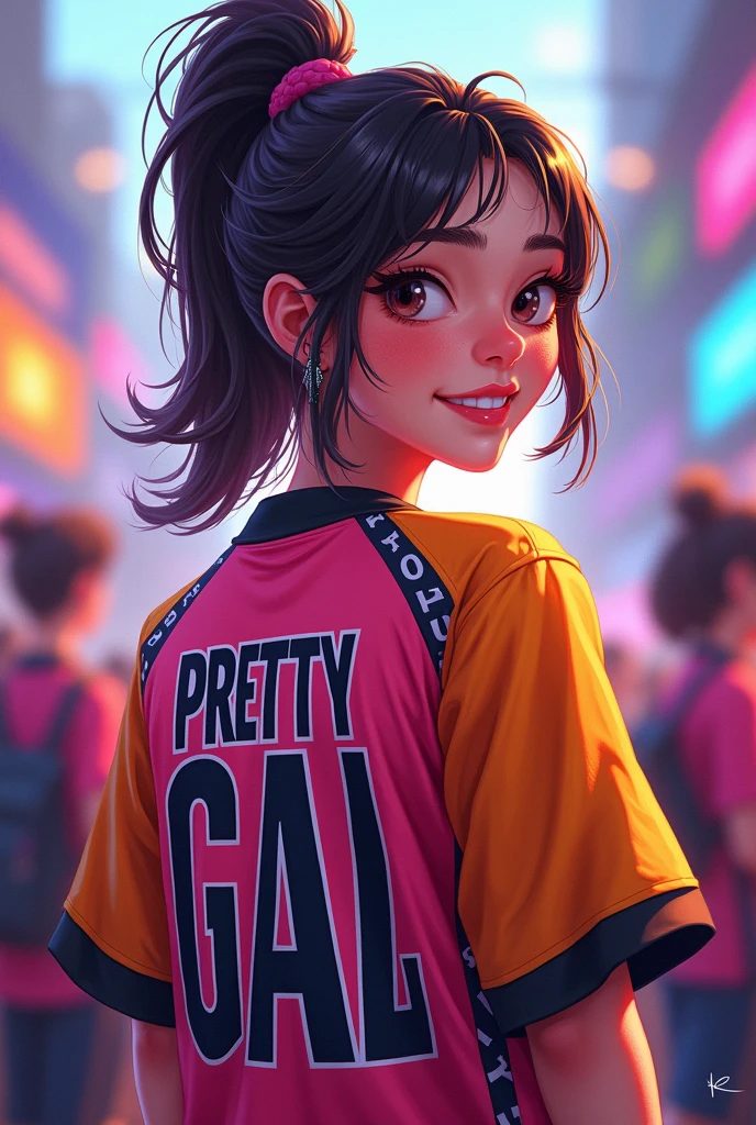 A young chubby woman wearing esports jersy that has a "Pretty GAL" name on the back of the jersy