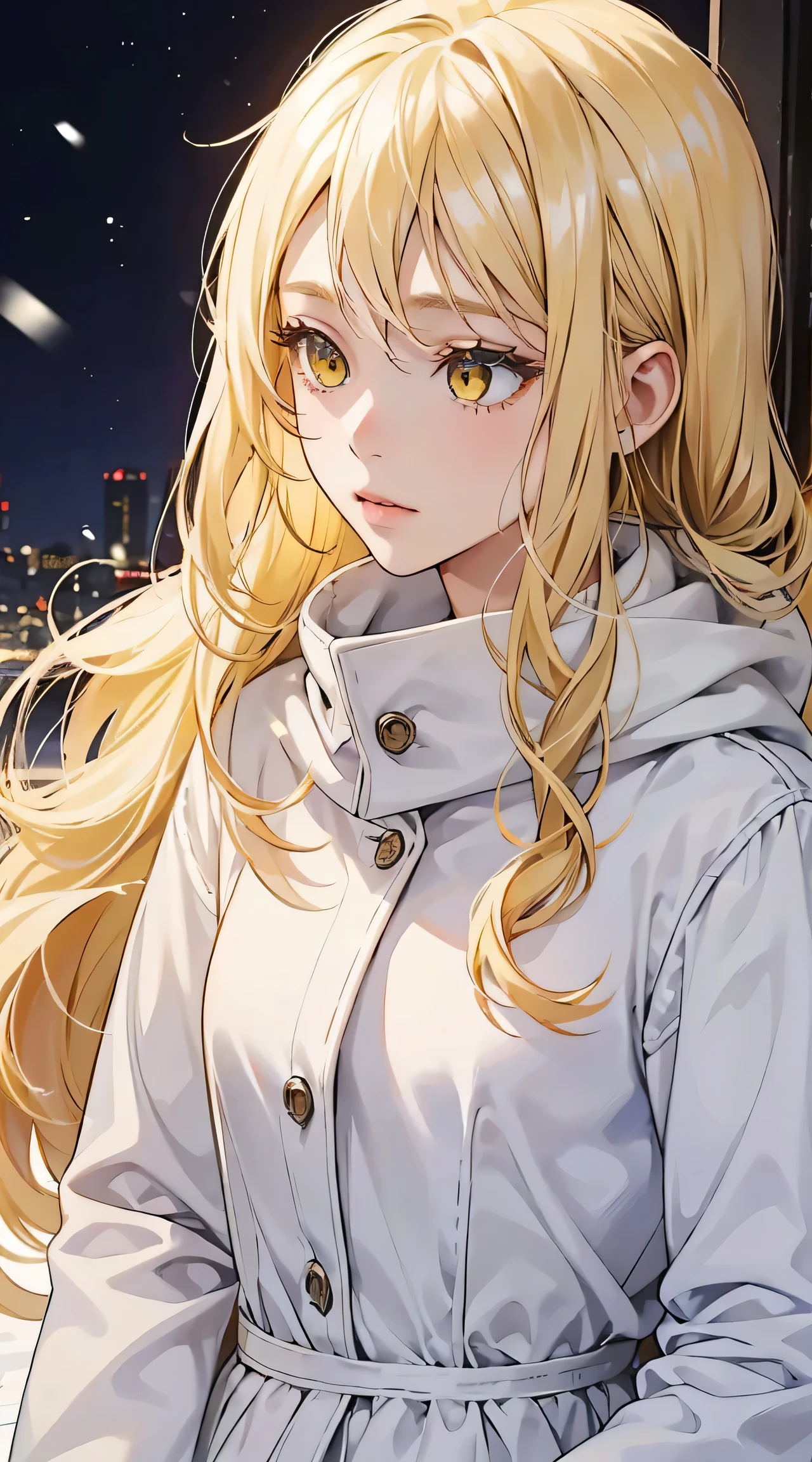 1girl, 30 years old, cold winter, blonde hair, long hair, blonde, yellow eyes, shy, wearing all white, eligant posture, beautiful, Gyaru girl