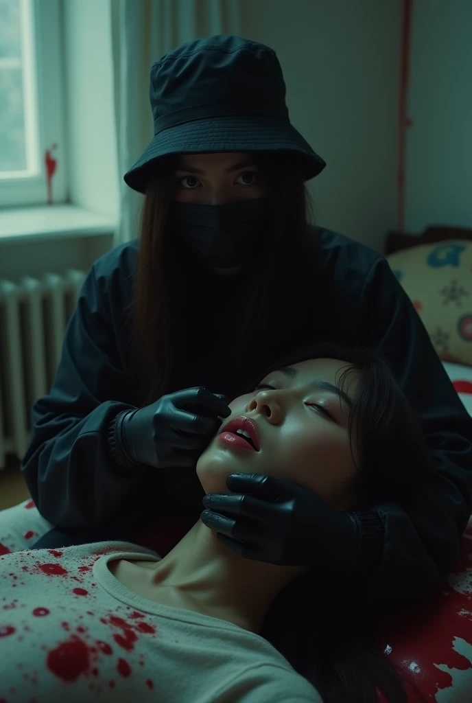 korean girl, (behind corpse, strangling), choking, black surgical mask, black gloves, room full of blood, black raincoat, bucket hat, black gloves, woman on top, behind corpse, blood splatter, on the bed, mass murderer, killer, long bangs, blood splatter, dark atmosphere, cinematic lighting, atmospheric realistic, light from the window, close-up,