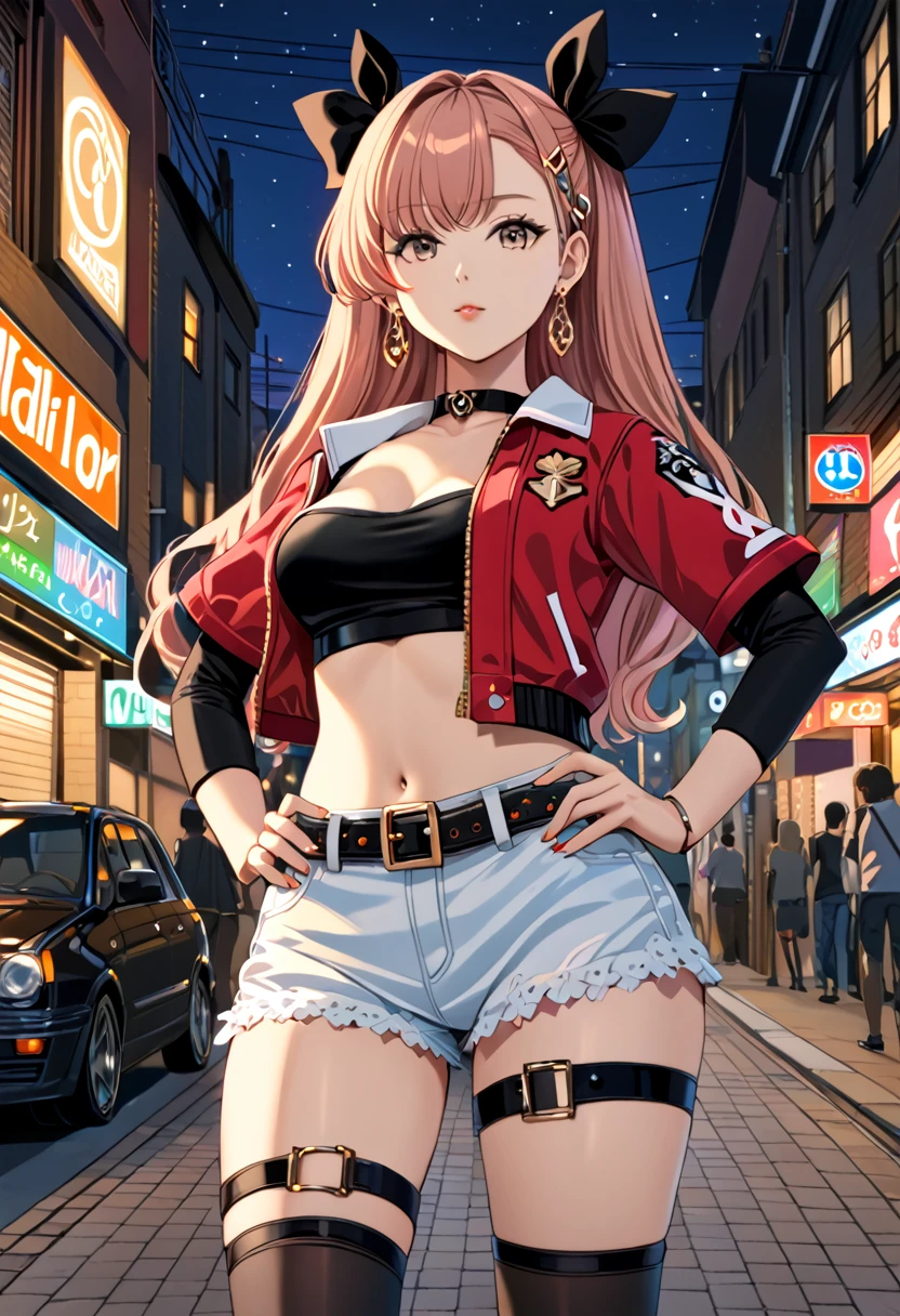 masterpiece, best quality, very detailed, very detailed,illustration, 1 woman, Nicole starts, hair ribbon, hairpin, earring, black collar, tube top, single thigh high, short, cropped jacket, belt, thigh straps, separated sleeves, doll, standing, put hands on hips, cowboy shot, night street, mesugaki,