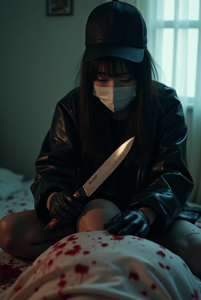 korean girl, (behind corpse, holding knife), surgical mask, black gloves, room full of blood, black raincoat, trucker hat, holding knife, black gloves, woman on top, behind corpse, blood splatter, on the bed, mass murderer, killer, long bangs, blood splatter, dark atmosphere, cinematic lighting, atmospheric realistic, light from the window, close-up,