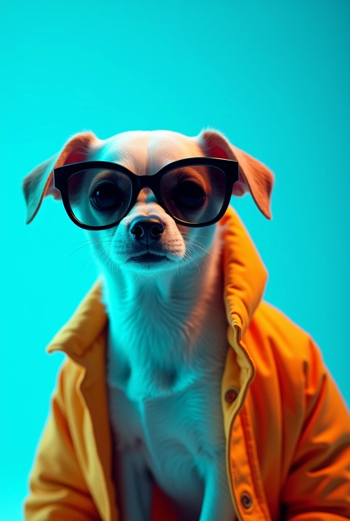 The best cell phone wallpaper, Award-Winning Wallpaper, portrait photography, In the front view is a portrait of a cute dog wearing mid-1960s space age fashion, Side view photo, Shot with Canon EOS R5, Set a strong contrast that accentuates the subject, Fluorescent blue tone, Wearing a very modern coat and sunglasses is a modern 1960s style, Clothes all in one color, beautiful background