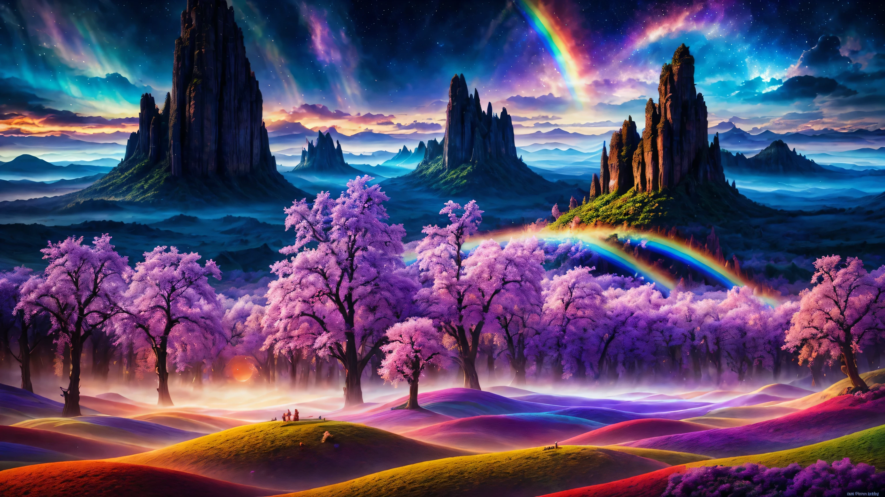 Fantasy, Rainbow Valley, (Elven Village)++, Surreal, beautiful, 32K, 超High resolution, 16K+, hair, Highest quality, masterpiece, very beautiful, perfectionionism, maximum detail, Soft Shadows, Expressive, perfection, Intricate details, Sharp focus, Super detailed, Cinematic, Movie stills, Celestial, Crystalline, Volumetric lighting, Caustics, Absurd, Natural wonders, Expressive, Looks good and makes a good impression, dramatic, Atmospheric, High resolution, Amazing details, Otherworldly, dream-like, beautiful, Mysterious, 超High resolution, sunlight, Rays of light at dusk, Techniscope, The Magic of Creation, Mysterious creation, Particle Stream 