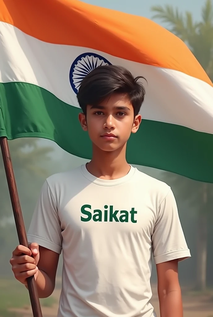 a handsome boy holding indian national flag. his name is saikat that is written on his white tshirt who is studied at. 12th