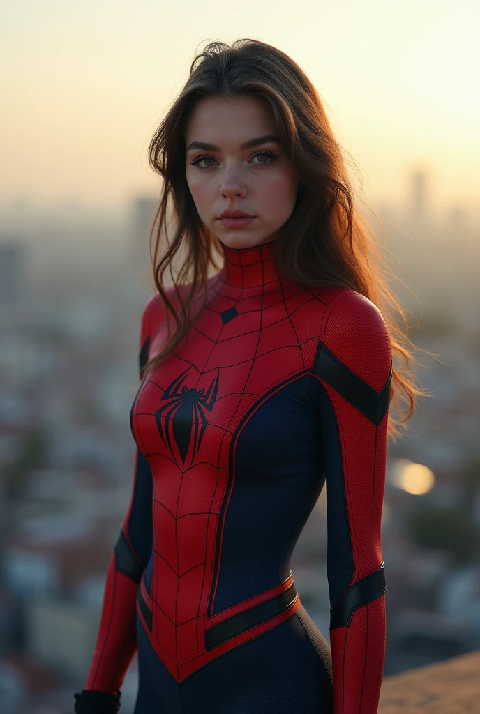 (1 girl:1.3), standing alone, (((Very face detailed)))), ((very detailed eyes and face)))), Olhos comelys e detalhados, Body parts__, offcial art, Unified 8k wallpaper, super verbose, comely and comely, comely, work of art, best qualityer, original, work of art, super fine photo, best qualityer, super high resolution, realistic realism, lighting sun, full - length portrait, wonderful beauty, dynamic pose, 精致的面容, vibrant eyes, (From the front), she wears Spider-Man suit, esquema de cores vermelho e preto, Spiderwomam, fundo de rooftop de cidade muito detalhado, rooftop, overlooking the city, face detailed, detailed complex busy background, messy, marvelous, White milk, highly detailed skin, Realistic skin details, visible pores, Focus Clear, volumetric Fog, 8k hd, dslr, high qualiy, film grain, skin fair, Photographic realism, Lomography, futuristic dystopian megalopolis, translucent