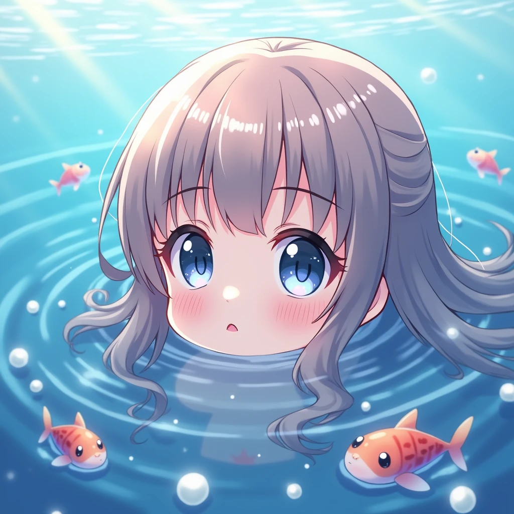 Anime girl with big eyes and long hair floating in the water in the style of anime. Cute cartoon in the anime aesthetic with sparkling light shining on her face, Anime style, clear details, closeup of beautiful eyes and delicate eyelashes, surrounded by small fish and pearls. The water surface reflects soft colors of blue and pink, with colorful cartoon characters