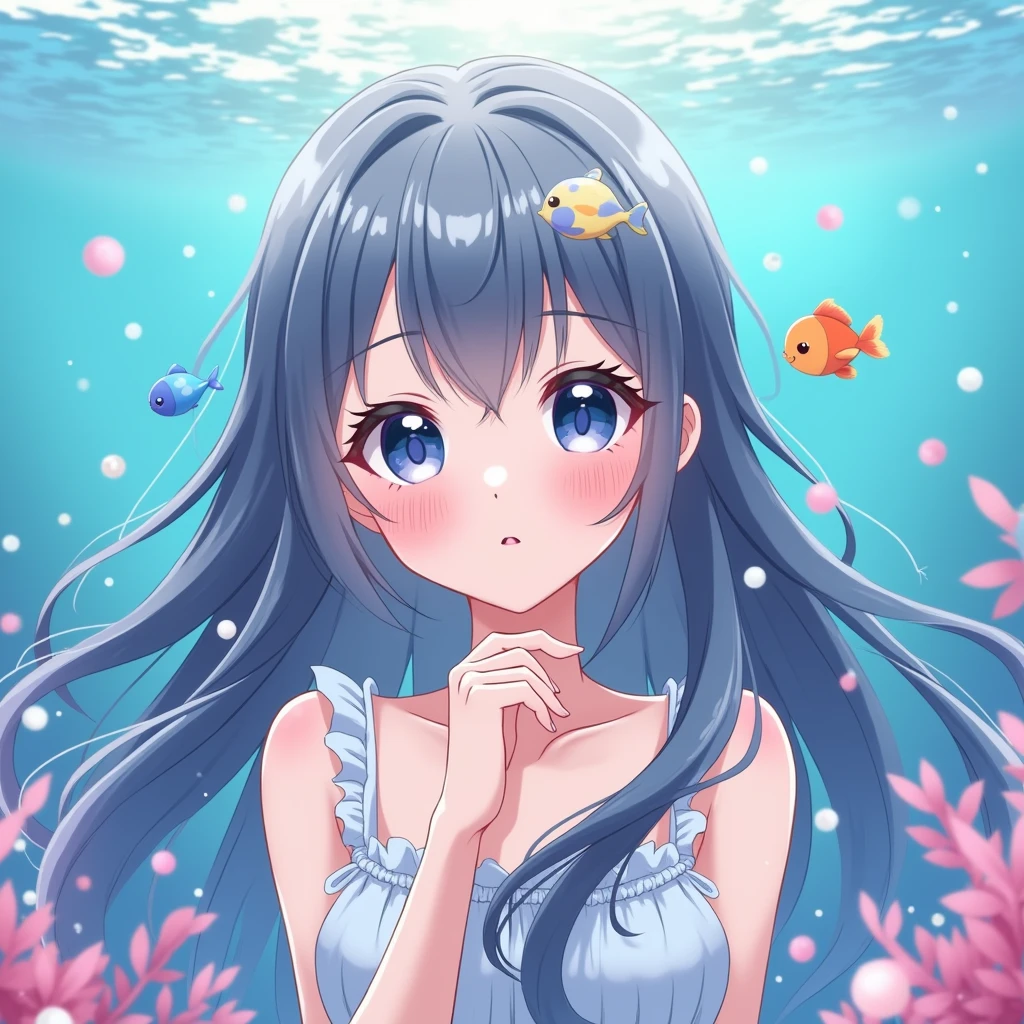 Anime girl with big eyes and long hair floating in the water in the style of anime. Cute cartoon in the anime aesthetic with sparkling light shining on her face, Anime style, clear details, closeup of beautiful eyes and delicate eyelashes, surrounded by small fish and pearls. The water surface reflects soft colors of blue and pink, with colorful cartoon characters