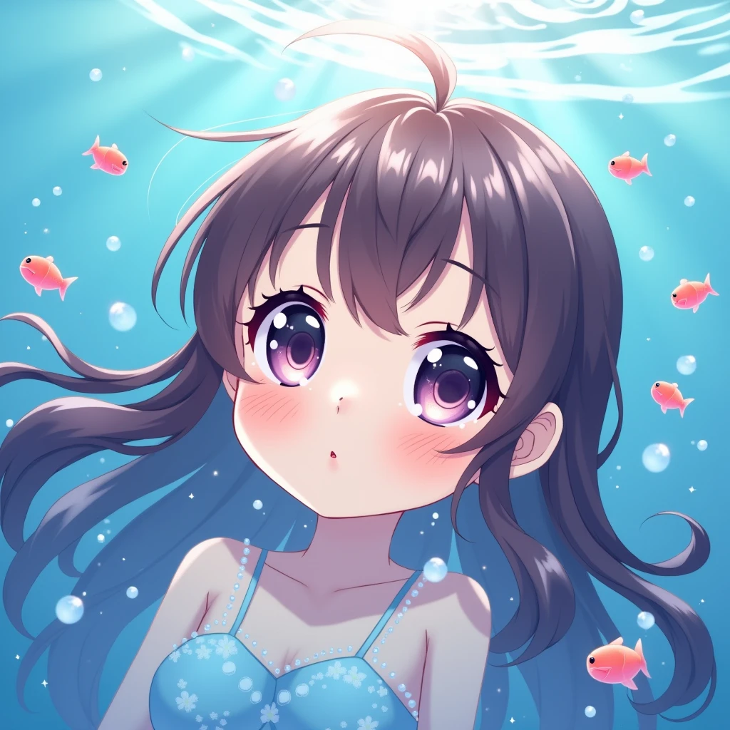 Anime girl with big eyes and long hair floating in the water in the style of anime. Cute cartoon in the anime aesthetic with sparkling light shining on her face, Anime style, clear details, closeup of beautiful eyes and delicate eyelashes, surrounded by small fish and pearls. The water surface reflects soft colors of blue and pink, with colorful cartoon characters