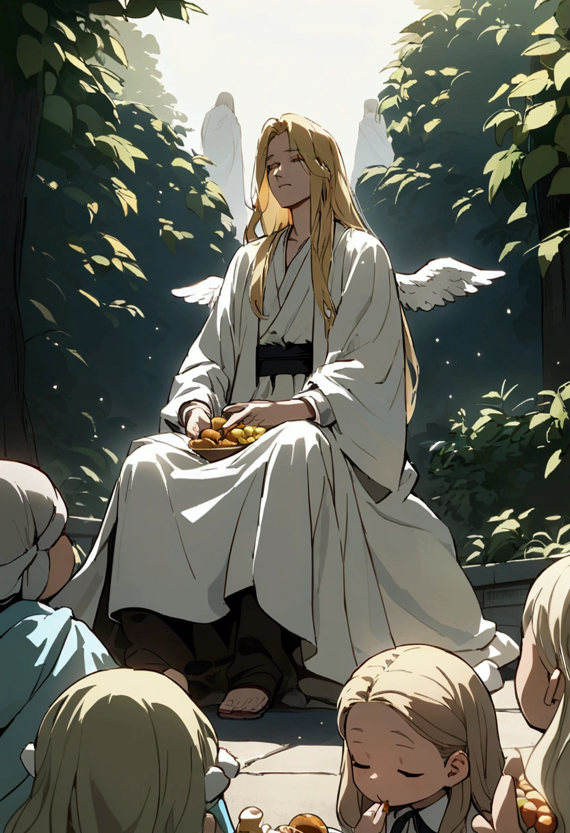 Three angels visiting Abraham and eating with him, and the last Angel has long blond hair.