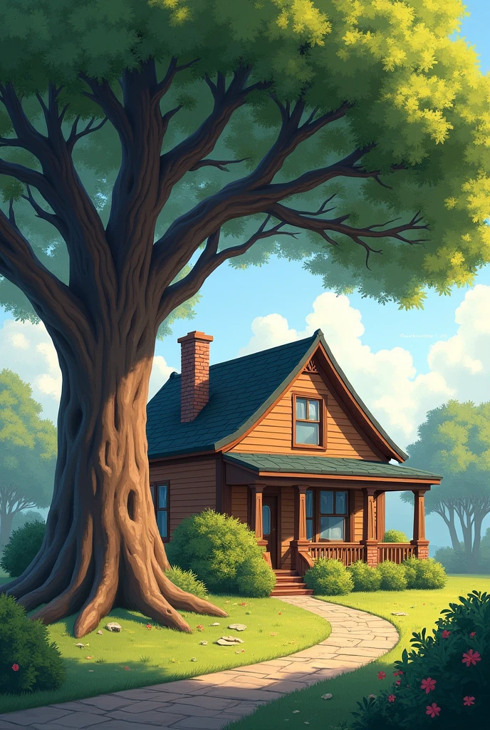 A traditional home with a large tree in the front yard