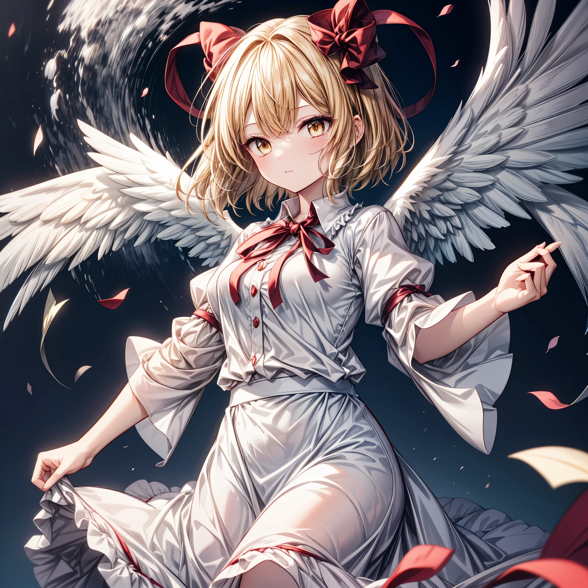 1girl, {{{{gengetsu (touhou)}}}}, angel wings, yellow eyes, red bow, blonde hair, white skirt, brown vest, white shirt, short hair