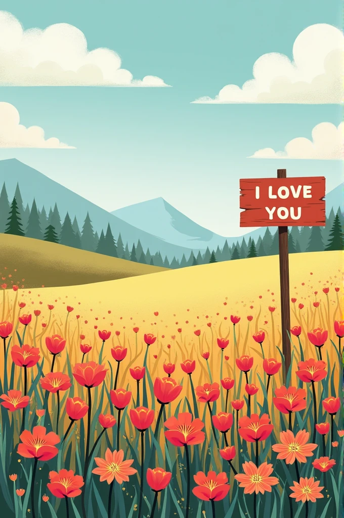 A flat landscape full of flowers and a sign that says I love you Karla


