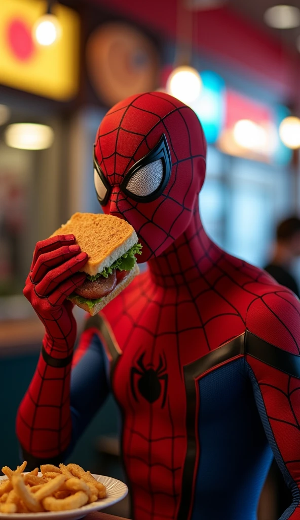Spyderman eating sandwich