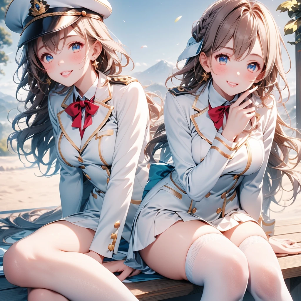 A beautiful 20 year old girl in uniform sitting on a bench with a hat, anime girl, military hat, red puffy miniskirt, white blazer, white stockings, big round breasts, sitting, blue sky, dark brown hair, long red bangs, french braid, long hair, wavy hair, shiny hair, hairclip, hair ribbon, aqua eyes, glowing eyes, pupils sparkling, earrings, blush, puckered lips, confused, red lips, high detail, anime, anime style, depth of field, dithering, image fill, perspective, lens flare, Wide-Angle, f/1.8, 85mm, Nikon, 8k, super detail, UHD, retina, masterpiece, accurate, anatomically correct, textured skin, best quality, highres, 16k