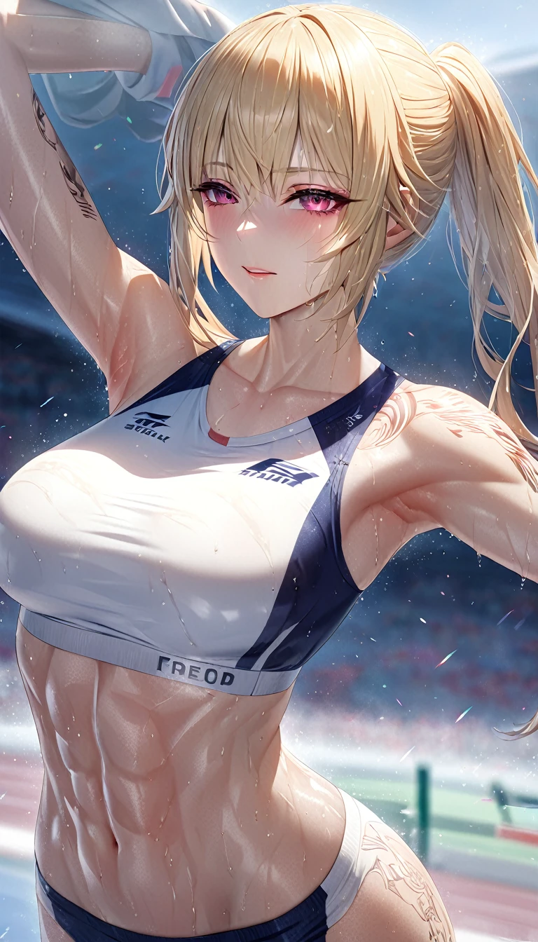 female track and field athlete, blonde up-hair, make-up, amorous and lewd face, superlative body proportion, covered in tattoos, track and field uniform, abs, warming up, shading effects, gradation magic effects, foggy filter effects, glitter effects, (ultra detailed, absolutely resolution, best quality:1.3), 2.5D, delicate and dynamic, artistic photography, hyper realistic, graphic CG digital art