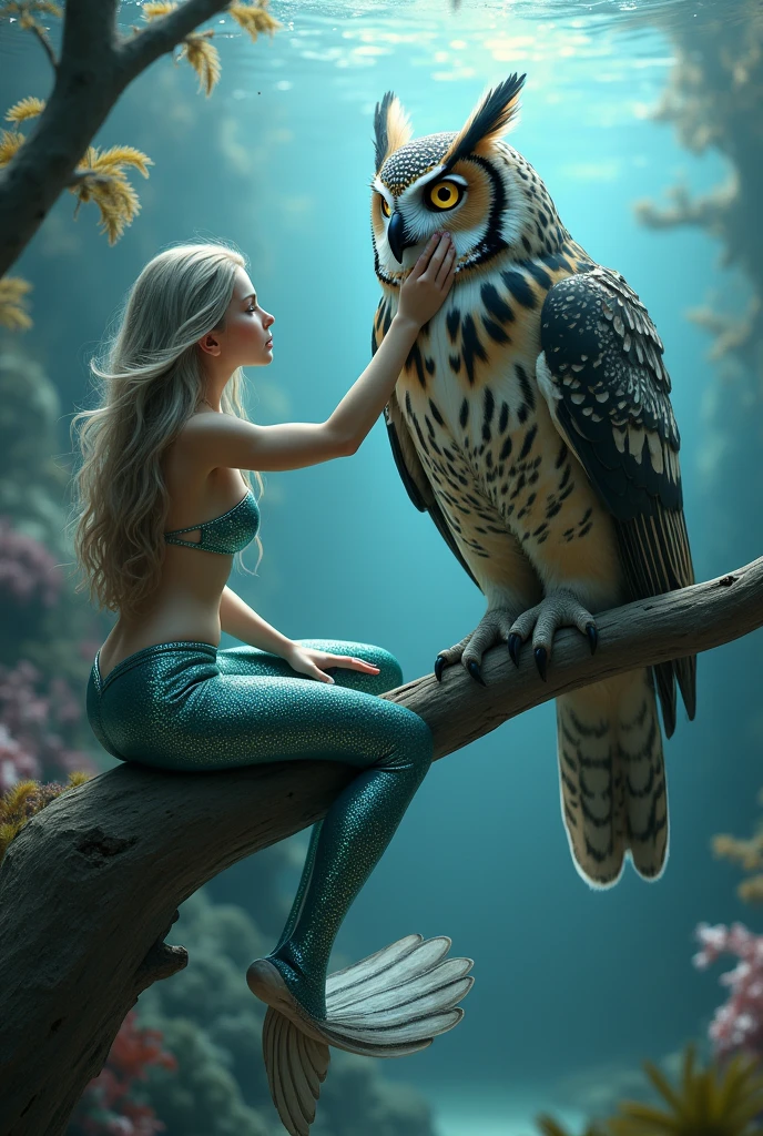 Mermaid next to extremely realistic owl 