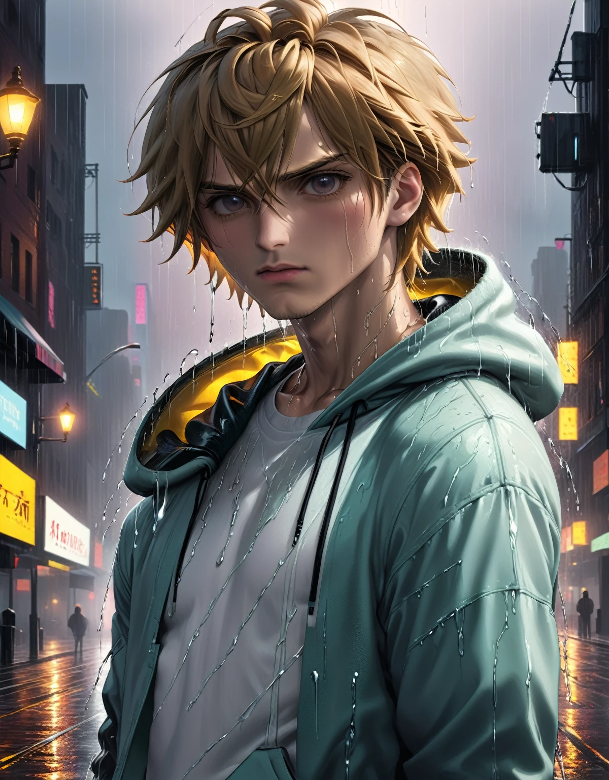 (masterpiece), ((ultra-detailed)), (highly detailed), (reallistic:1.2), hyperrealistic, octane render, dynamic lighting, intricate detail, cinematic, high resolution film still, 8k, HDR colors, high resolution photograph, cool face , sad boy, rain city background, white shirt hoodie, face focus, ultra high res, best quality, love sick