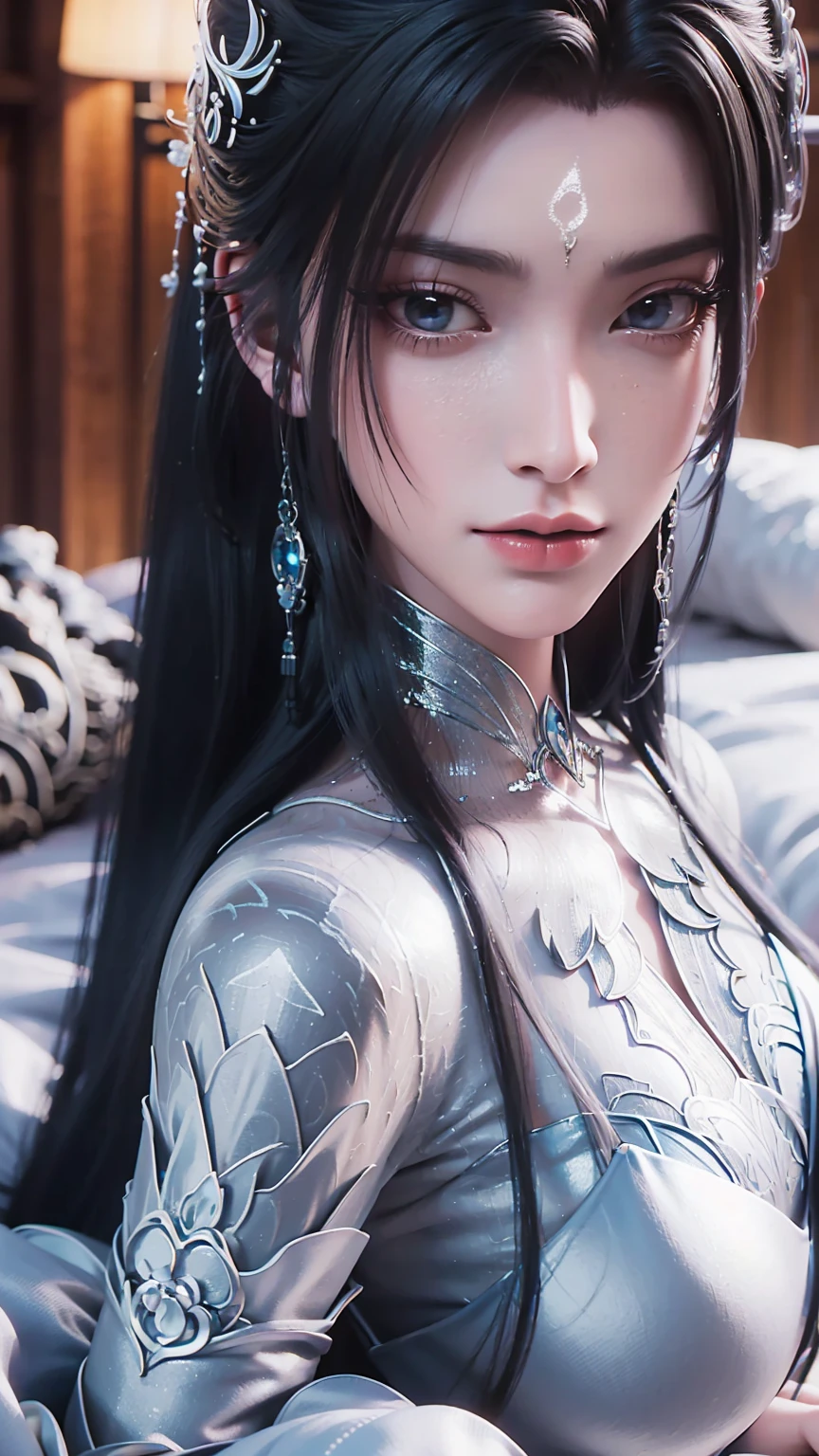 beautiful young woman laying on bed in pajamas, barefoot, full body shot, detailed eyes, detailed lips, extremely detailed face and eyes, long eyelashes, natural lighting, warm tones, soft focus, chiaroscuro, depth of field
