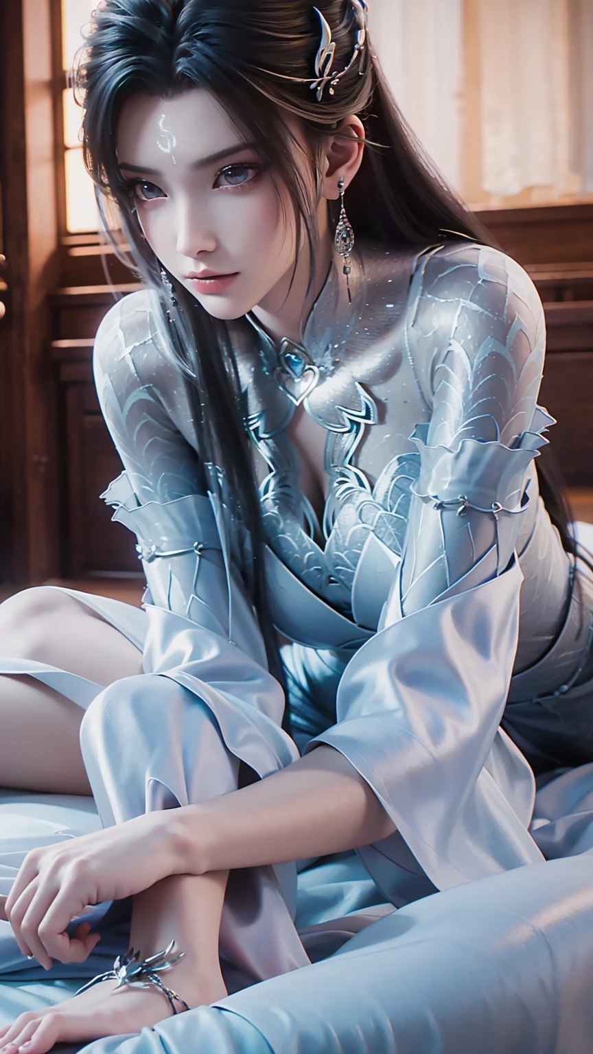 beautiful young woman laying on bed in pajamas, barefoot, full body shot, detailed eyes, detailed lips, extremely detailed face and eyes, long eyelashes, natural lighting, warm tones, soft focus, chiaroscuro, depth of field