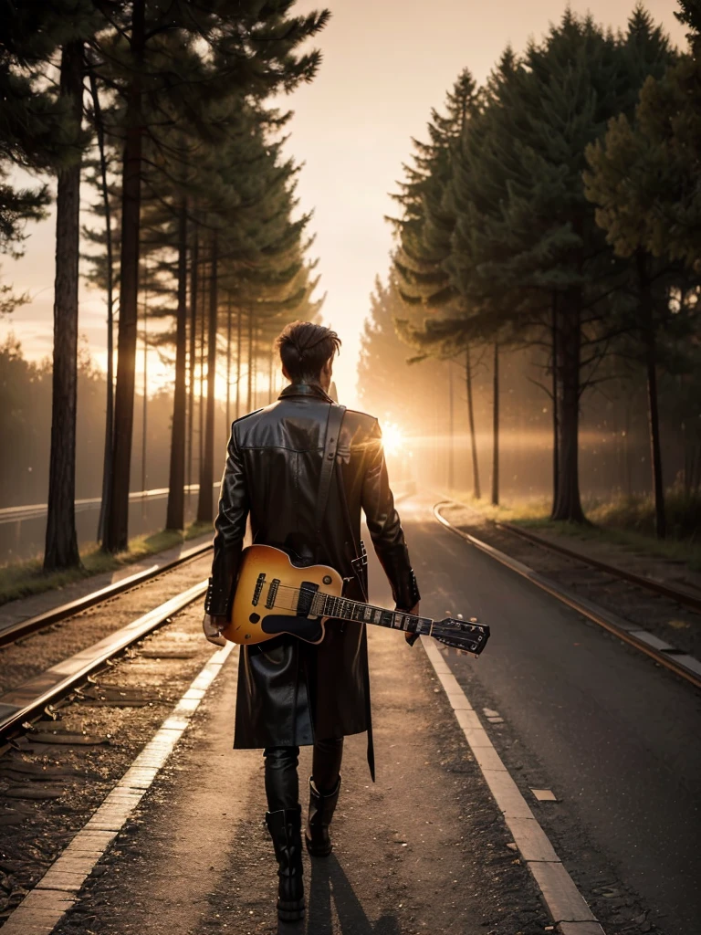 Epic photo, hyper realistic, Sunset, orange tones lighting, 1 man, silhouette of (man, 188 cm tall, walking, dressed in a long black leather overcoat
, Texan boots, electric guitar Gibson les paul standard colgada en su espalda), walk along the train tracks towards the sun that sets on the horizon, trees in the background, photo for image of a disk, name of the album: "It allows me a feeling?", Priority:The guitar must not be missing (electric guitar Gibson les paul standard) colgada en diagonal con el mastil hacia abajo en la espada del man. El man camina hacia el sol, la foto toma al man de espaldas solo se ve la silueta y la guitarra colgada en su espalda.