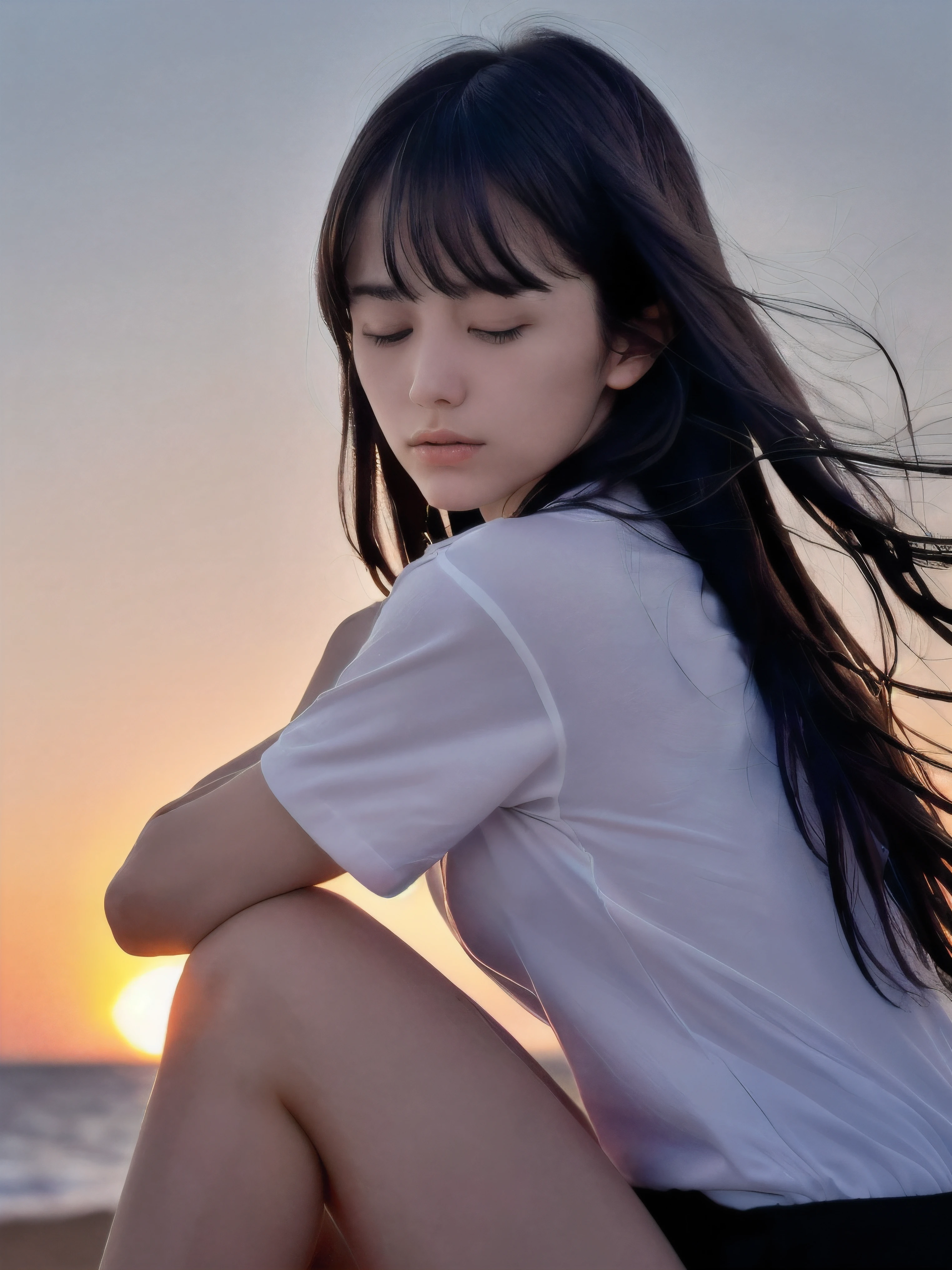 (Close up face shot of slender small-breasted dark silver long hair with swept bangs girl wearing a white T-shirt only:1.5)、(One girl is looking back and close her eyes with tears on the coast in Japan:1.5)、(Beautiful after sunset red sky with big red cloud:1.5)、(blurred background:1.5)、(Natural light:1.5)、(8k ultra detailed master piece:1.5)、(perfect anatomy:1.5)、(Photorealistic stick:1.5)、(Raw photo:1.3)、(highest quality:1.5)、(High resolution:1.3)、(Delicate and beautiful perfect face:1.3)、(Delicate and beautiful eye air skin:1.3)、(Real Human Skin:1.3)、((thin legs))