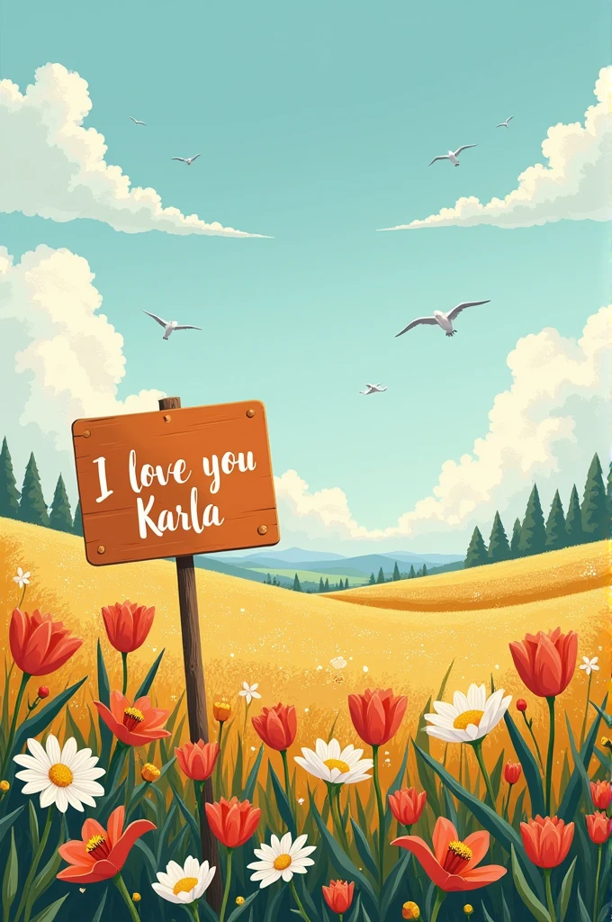 A flat landscape full of flowers and a sign that says I love you Karla


