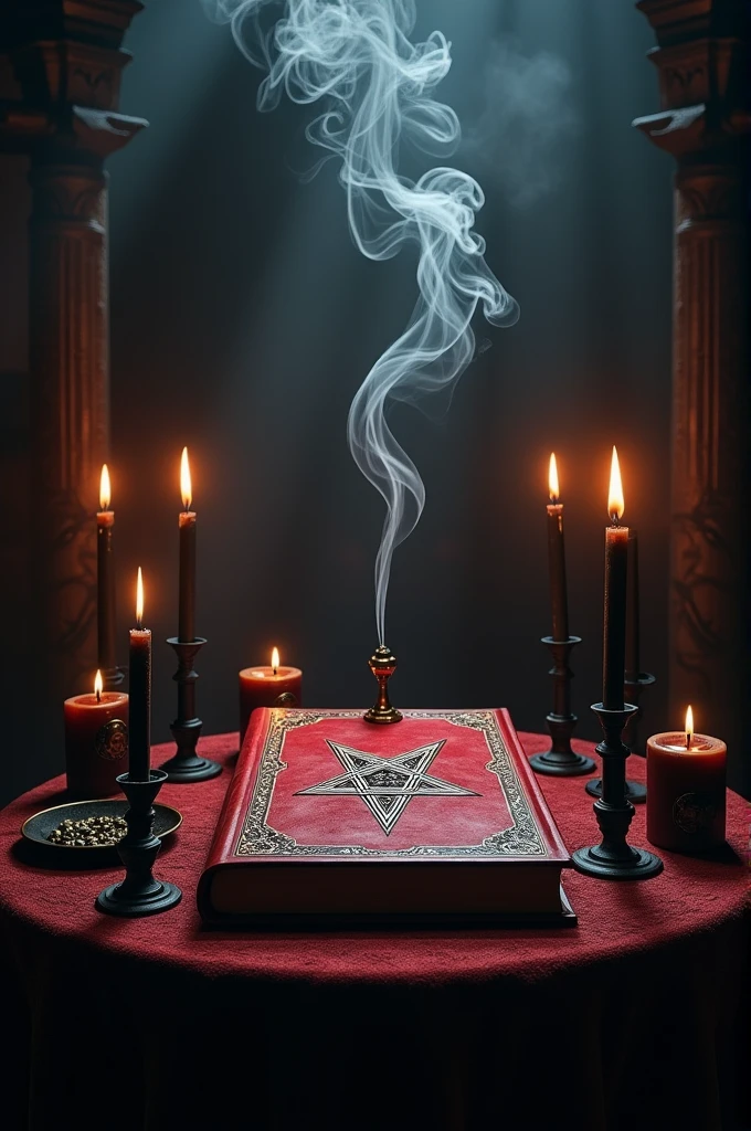 Altar with black candles, a red book on the altar. In the middle of the altar an inverted pentagram. Incense smoke rising from a bowl on the altar