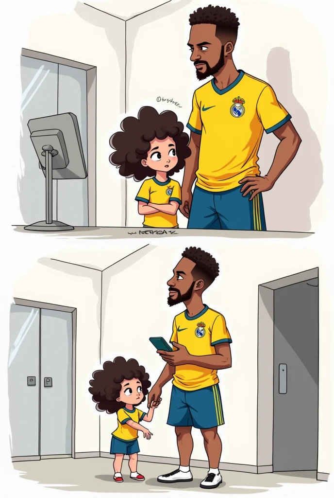 make a cartoon with two parts in Portuguese about the player Éder Militão wearing the Real Madrid team's uniform holding his daughter (a 2 year old white girl with curly hair) just to take a picture on Instagram and then ignoring the child