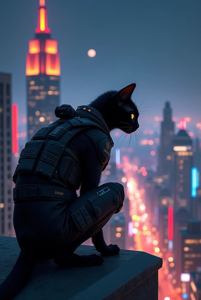 Midnight, a black cat in a tactical suit, crouches on a rooftop, gazing out over a cityscape." Animation heyper realistic sharp hd images imaginary world