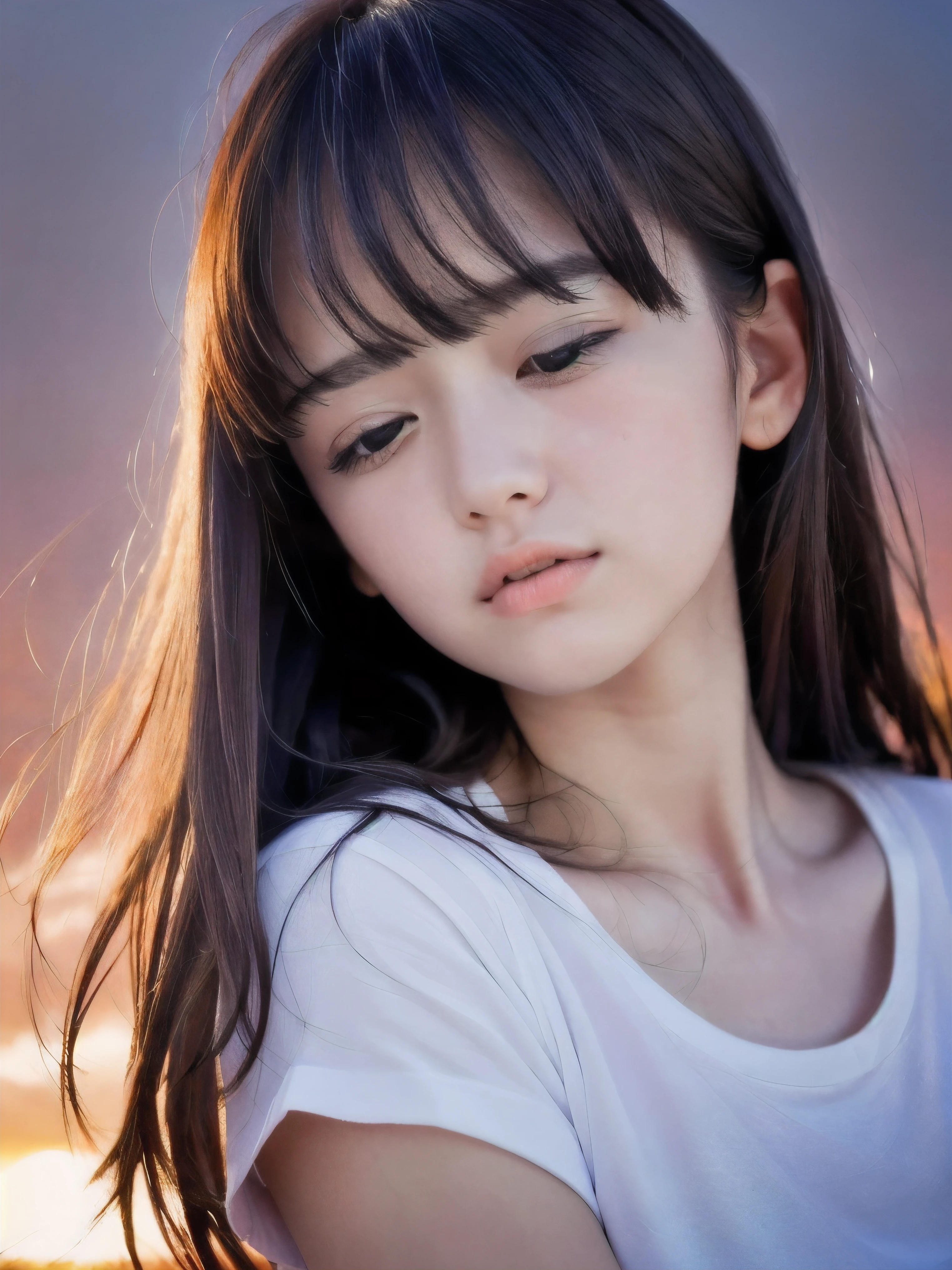 (Close up face shot of slender small-breasted dark silver long hair with swept bangs girl wearing a white T-shirt only:1.5)、(One girl is looking back and close her eyes with tears on the coast in Japan:1.5)、(Beautiful after sunset red sky with big red cloud:1.5)、(blurred background:1.5)、(Natural light:1.5)、(8k ultra detailed master piece:1.5)、(perfect anatomy:1.5)、(Photorealistic stick:1.5)、(Raw photo:1.3)、(highest quality:1.5)、(High resolution:1.3)、(Delicate and beautiful perfect face:1.3)、(Delicate and beautiful eye air skin:1.3)、(Real Human Skin:1.3)、((thin legs))
