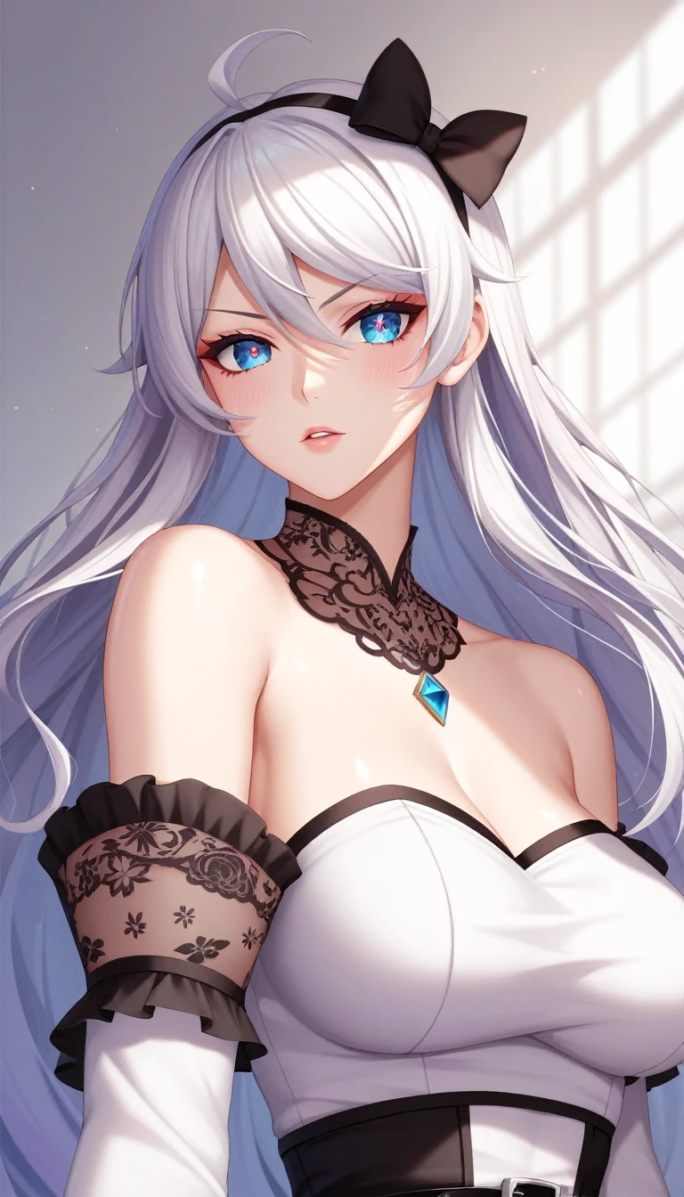 1girl, solo, looking at viewer, kiana kaslana (herrscher of finality), white hair, very long hair, ahoge, blue eyes, hairband, eyeliner, serious gaze, solid eyes, sharp eyes, symbol-shaped pupils, emotionless, glossy lips, blush, shiny skin, ((flowing high-low dress:1.5), (dark and vibrant gradient:1.6), (sheer lace neckline:1.4), (asymmetrical layered sleeves:1.5), (floral embellishments:1.3), (black belt with bow:1.4), (intricate patterns:1.5), (high boots with lace:1.4), (elegant and mysterious:1.5)), white background, simple background, blurry background, CG:1.9, ultra detailed:1.9, ultra-detailed:1.9, high resolution:1.9, high res:1.9, absurdres:1.9, masterpiece:2, high quality:2, best quality:2, (ultra-detailed), (illustration), (disheveled hair), (beautiful detailed eyes), beautiful, amazing, detailed eyes, (masterpiece), best quality, ((ultra-detailed)), ((an extremely detailed and delicate)), (8k cg wallpaper), (stunning art), ((illustration))