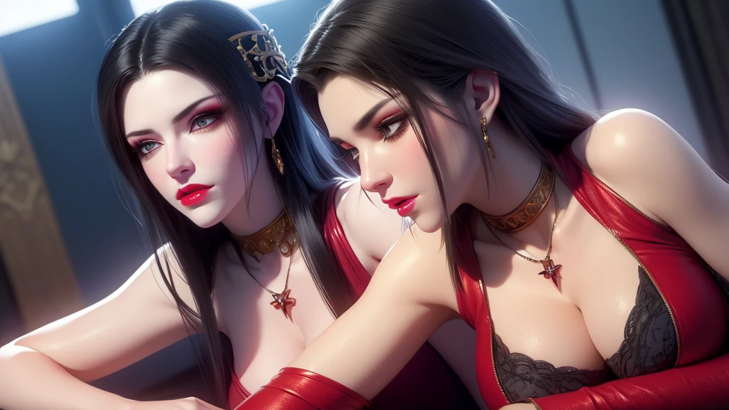 (lifelike, high - resolution:1.3), 1 girl with a perfect body, Super fine face and eyes,slong hair, big boob,Expose cleavage5, lightning, hyper-realistic graphics, most realistic graphics, 1 girl, alone, solo, Extremely sharp, surreal image, sharp eye makeup, meticulous makeup eyelashes, pretty red lips, pursed lips, full body.