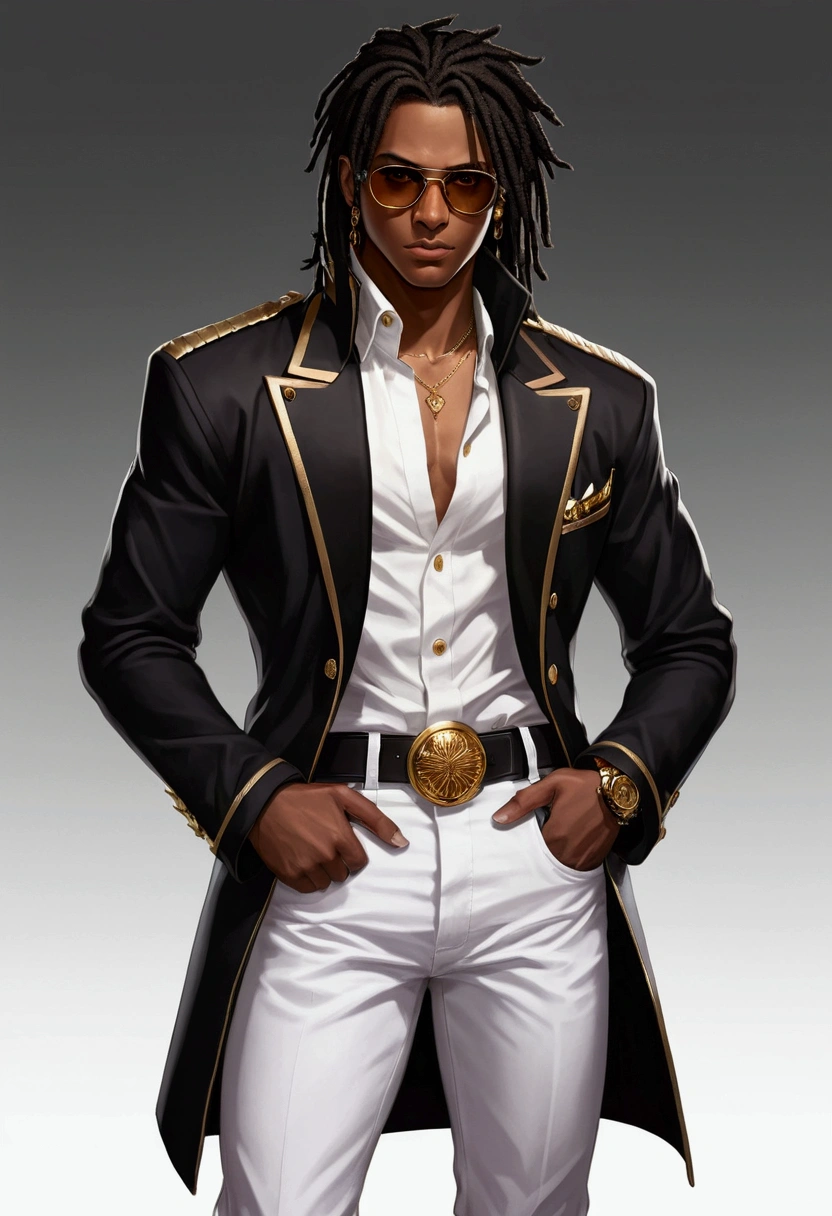Dark-skinned young man with brown eyes and a black jacket., Black dreadlocks, Black glasses, Hairstyle with dreadlocks, in human style, colorful sketch, unrealistic character concept, Conceptual portrait of my character, подробный character portrait, anime style character, anime style portrait, character portrait, cel - shaded art style, Her outfit consists of black, unbuttoned jacket with gold buttons on the front and bottom of the sleeves, he wears a white V-neck shirt., White pants, large black belt with gold buckle, smaller black belt, hanging from the side of her hip, and he's wearing beige shoes with black buckles, вдохновение King of Fighters