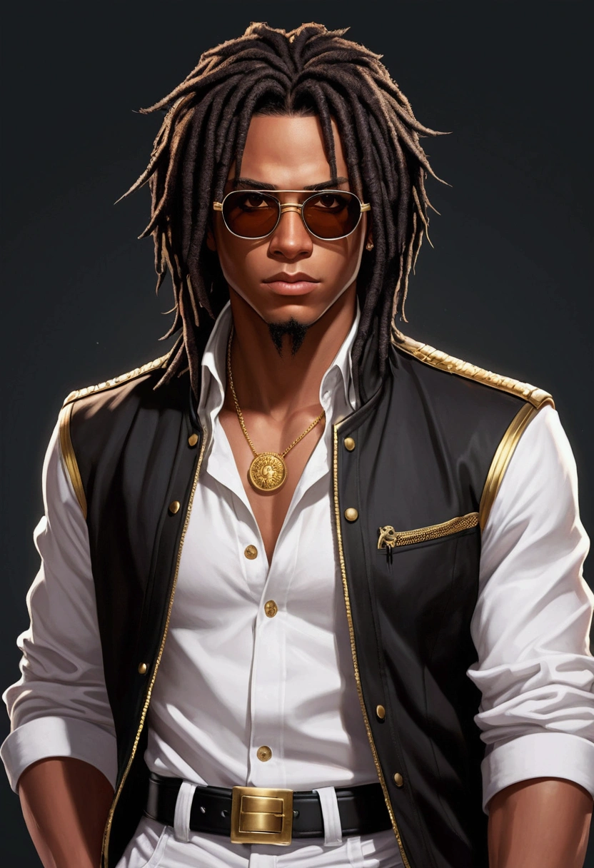 Dark-skinned young man with brown eyes and a black jacket., Black dreadlocks, Black glasses, Hairstyle with dreadlocks, in human style, colorful sketch, unrealistic character concept, Conceptual portrait of my character, подробный character portrait, anime style character, anime style portrait, character portrait, cel - shaded art style, Her outfit consists of black, unbuttoned jacket with gold buttons on the front and bottom of the sleeves, he wears a white V-neck shirt., White pants, large black belt with gold buckle, smaller black belt, hanging from the side of her hip, and he&#39;s wearing beige shoes with black buckles, вдохновение King of Fighters
