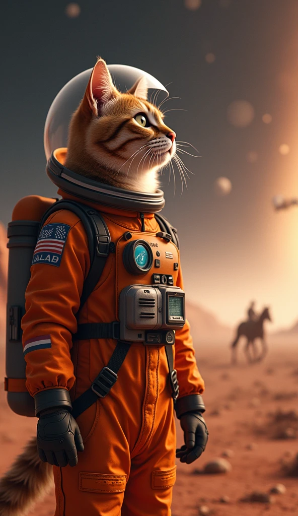 Photo quality Ultra-Real((Spaceship)) ((Close-up)) ((Cat 3 horses)) Spaceshipのmiddleから見送る宇宙飛行士猫 astronaut cat Gazing into the distance Mars exploration ((Spaceshipの修理)middle)) High five Armageddon-like