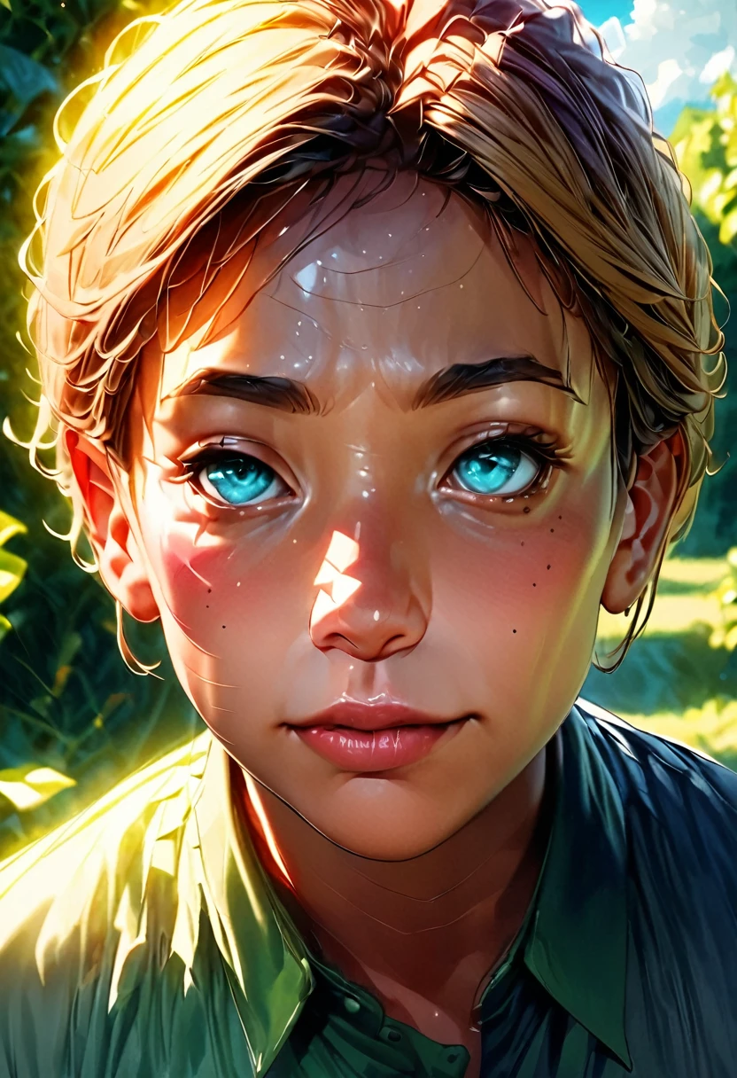 a young boy sitting on a bench, looking up at the blue sky, Ghibli-style, beautiful detailed eyes, beautiful detailed lips, extremely detailed face and expression, lush green landscape, (best quality,4k,8k,highres,masterpiece:1.2),ultra-detailed,(realistic,photorealistic,photo-realistic:1.37),cinematic lighting,vibrant colors,whimsical,magical realism,serene,dreamlike