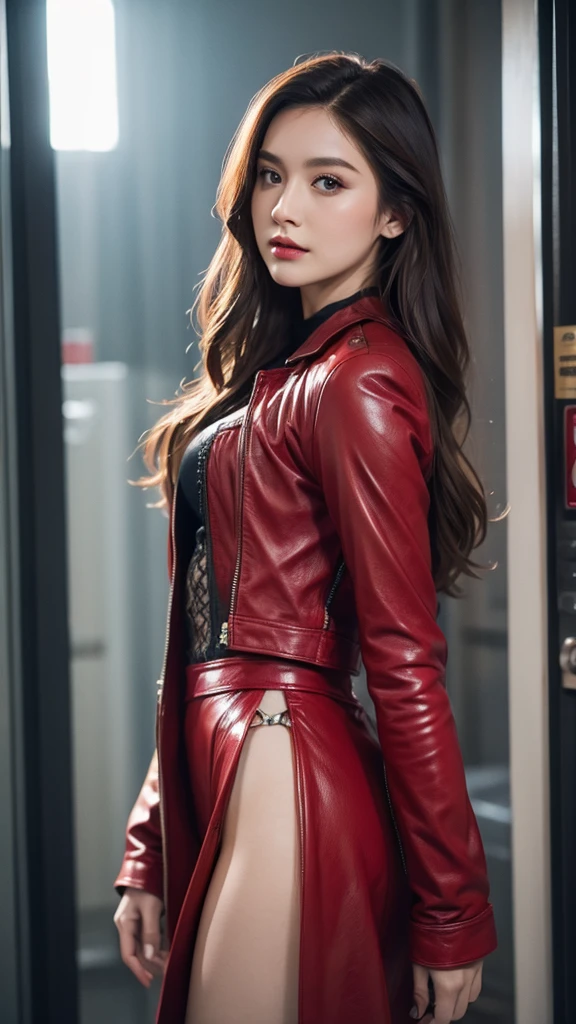 extremely detailed photo of a woman, loraelizabeth, scarlet witch, avengers, wearing black lace dress, open red leather jacket, 8k uhd, RAW photography, model photoshoot, motorcycle