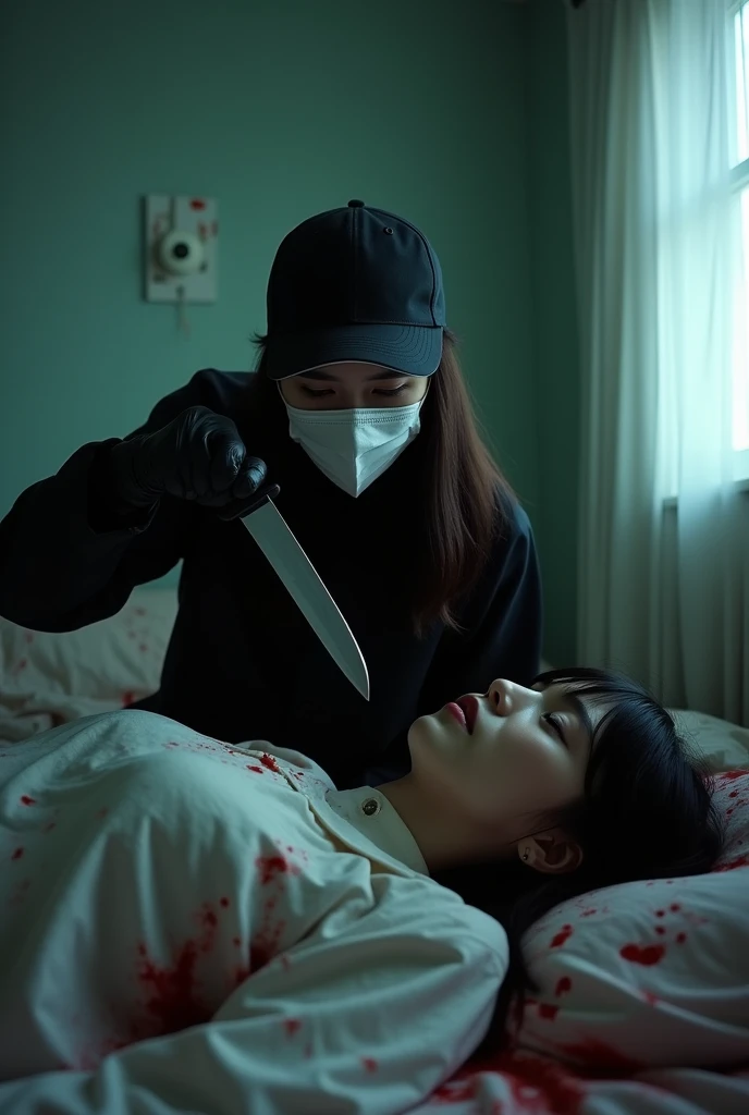 korean girl, (behind corpse, holding knife), surgical mask, black gloves, room full of blood, black raincoat, trucker hat, holding knife, black gloves, woman on top, behind corpse, blood splatter, on the bed, mass murderer, killer, long bangs, blood splatter, dark atmosphere, cinematic lighting, atmospheric realistic, light from the window, close-up,
