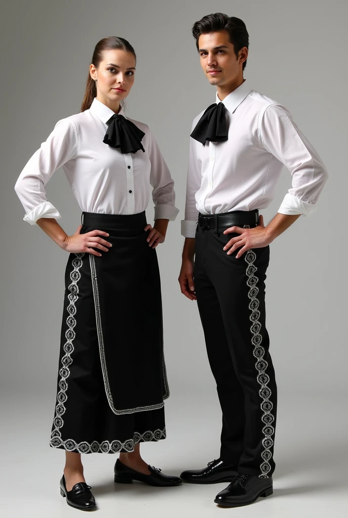 generates a uniform with the following characteristics for women and men: Black pants White long-sleeved shirt Mariachi-style bow Black waist apron and a rag Black shoes