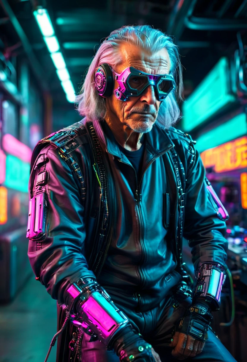 Ultra-Realistic Capture,18k,RAW Photos,Highest quality,masterpiece,reality,Very detailed,Sharp Photos,cyber punk,cyber punk,Soft lighting, Cinematic shots, Vibrant colors, Gorgeous colors, (1 person,Elderly men:1.2), wise,Gray Hair,Long Hair,Detailed Background, Detailed face,Mechanical Clothes,neon,Acrobatic Pose,Machine Mask,tall,whole body,Standing posture,Left only mechanical leg,Cane,
