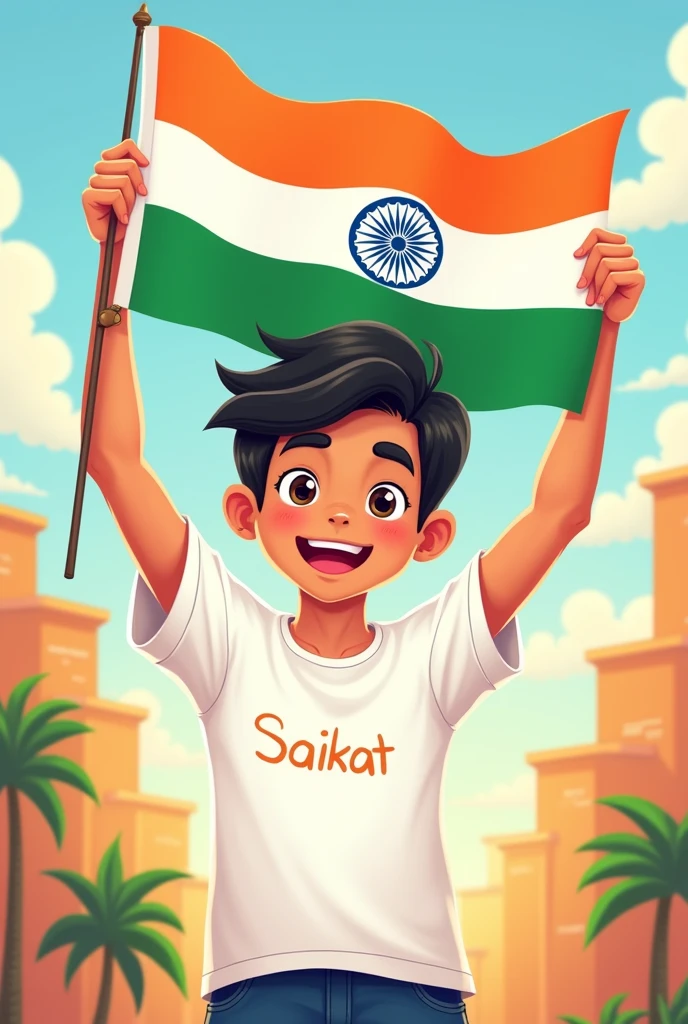 a handsome boy holding indian national flag. his name is saikat that is written on his white tshirt who is studied at. 12th .cartoon style