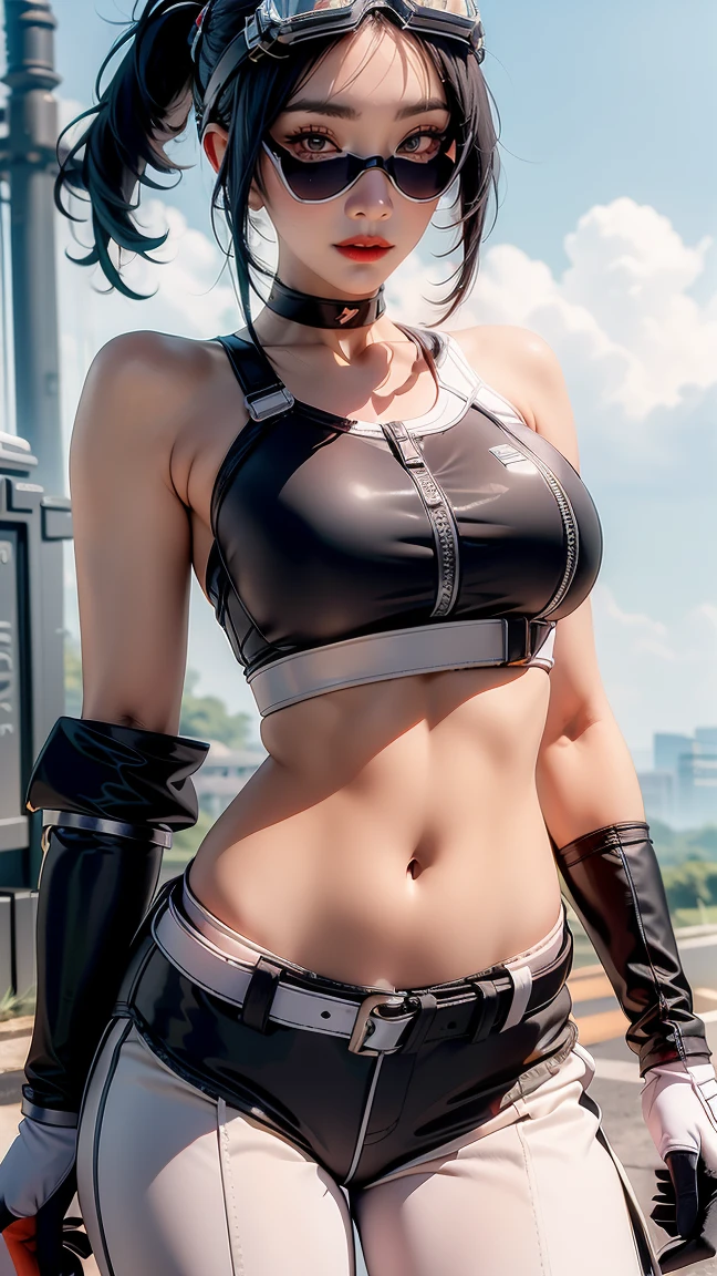 (masterpiece, best quality:1.2), 1girl, solo, Grace Howard, Grace Howard from Zenless Zone Zero, bare shoulders, black choker, black gloves, white gloves, black pants, ((black sports bra)), elbow gloves, ((goggles on head)), looking at viewer, low ponytail, medium breasts, midriff, navel, parted lips, white gloves, zipper, belt
\