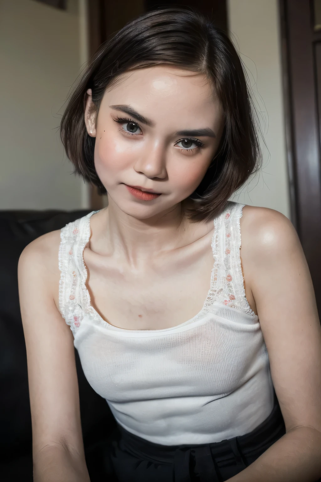 (((SAD FACE EXPRESSION)), ((NECK LACE)), ((GOTHIC BLACK EYELASHES & LIPS)), ((BLACK LIPS)), ((Very Shorthaircut)), adorable, 1 girl, (face to face), , baby face, happy, half body portrait, (face details: 1), (eye details: 1), ((tiny breasts)). ((croptank latch)), ((net stockings)), lingerie, ((naked pink)).