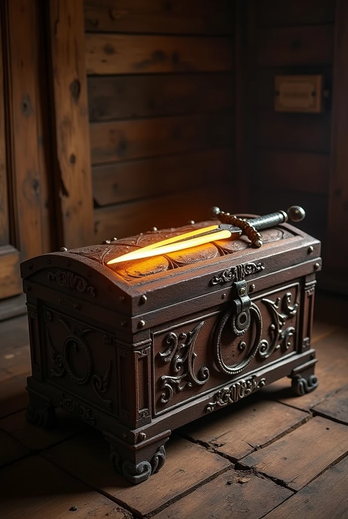 Inside the hut, place an ancient, closed ornate chest with a glowing dagger resting on top.