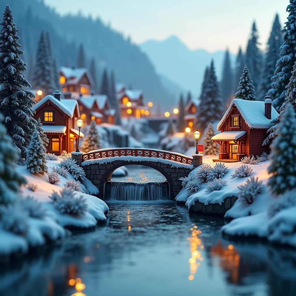 (a cozy christmas village), (snow, trees, waterfall, bridges, mountains), (tilt shift), masterpiece, best quality, highly detailed
