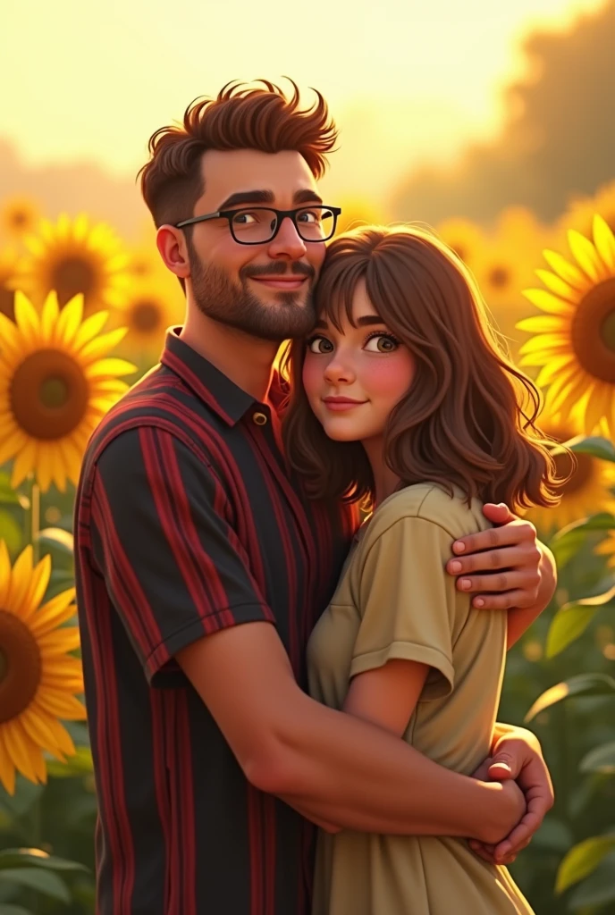 Generates an image of a teenage girl with shoulder-length wavy light brown hair with big light brown eyes being hugged and watched by her dad with too-short dark brown hair wearing square glasses with a shaved beard and a thick black and red vertical striped shirt in a field of sunflowers celebrating her 20th birthday.