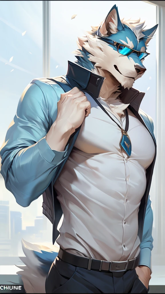 4k, high resolution, best quality, perfect colors, perfect shadows, perfect lighting, posted on e621, (by Chunie, by canyne khai, by t.y.starale), male, furry, snow wolf anthro, solo, white fur, blue eyes, sunglasses, (Realistic eye details 1.2), white business suit wear, in the office, Full body like, Slim body, V0id3nergy, Masterpiece, dramatic lighting, soft lighting, day, highly detail, Hair coiled, ((Bonifasko lighting)), (Detailed eyes), perfect pupils, detail eyes, detail fluffy fur, (seductive face:1.2), fit body, Looking at the camera,, fit body, perfect male figure, Detailed fur, Detailed face, Perfect face, Detailed background, (Complex), (Super Detail), (Ultra Clear), (Best Quality)
