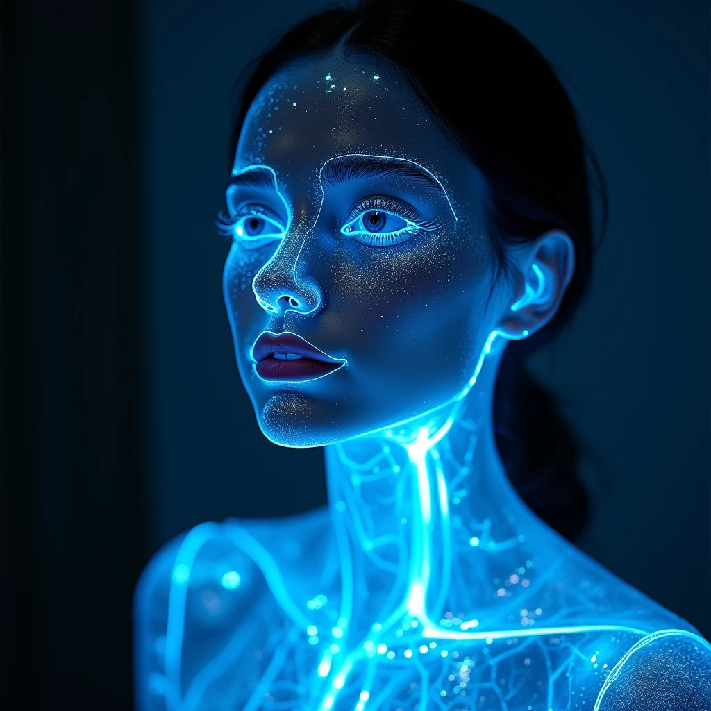 ((Waist shot)), craft a hyper realistic vertical photo of most attractive transparent crystal glass girl with neon light, body made out of glass, intricate beauty, bioluminescence, blue veins, detailed eyes, sparkling, reflections, (translucent), elegant, simple background, dim light, volumetric lighting, hyper realistic, blurry foreground, blurry background, (bloodborne:1.1),